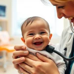 Un neonato sorridente e in salute viene visitato da un pediatra che utilizza uno stetoscopio. L'ambiente è luminoso e accogliente, tipico di uno studio pediatrico. Fotografia ritrattistica, obiettivo da 35mm, luce naturale diffusa, colori caldi e rassicuranti, profondità di campo che sfoca leggermente lo sfondo.