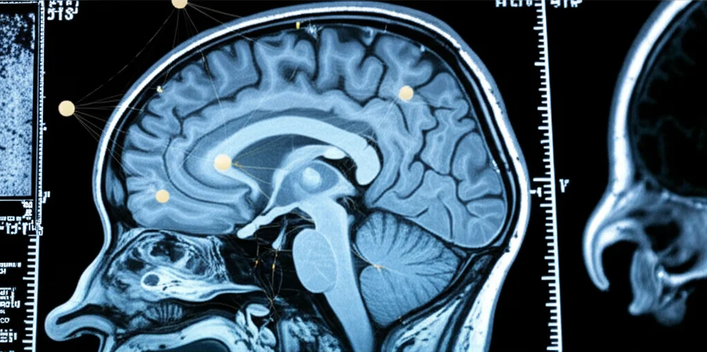 Un'immagine concettuale che mostra una rete neurale stilizzata sovrapposta a una scansione MRI del cervello, con piccoli marcatori sferici luminosi chiaramente identificati dalla rete. Lente prime 35mm, effetto film noir con contrasti elevati e ombre profonde per un'atmosfera high-tech e medica.