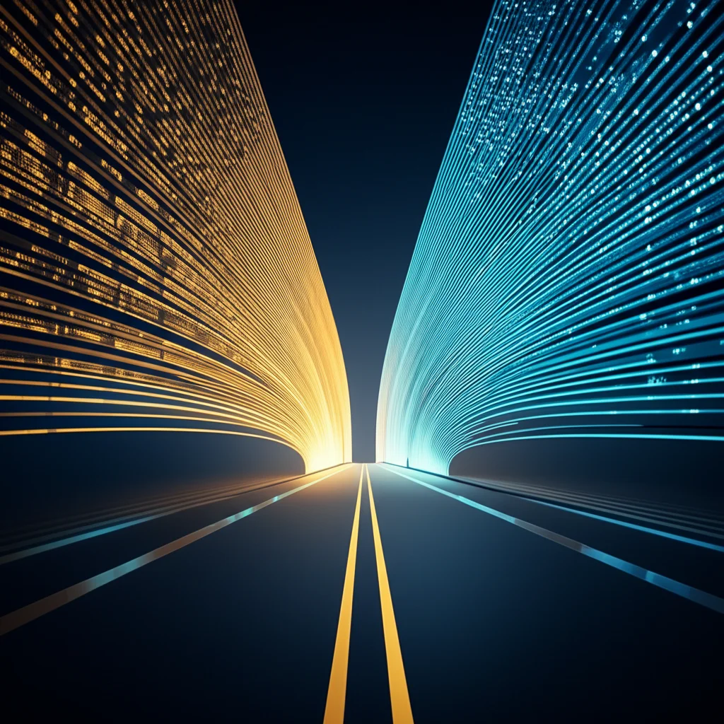Visualizzazione artistica del dilemma della sicurezza nell'era quantistica: un bivio con un sentiero che mostra lucchetti digitali classici che si evolvono in strutture PQC complesse e un altro sentiero con fotoni luminosi che viaggiano attraverso fibre ottiche per la QKD. Obiettivo 35mm, profondità di campo, toni blu e oro duotone per simboleggiare il classico e il quantistico.