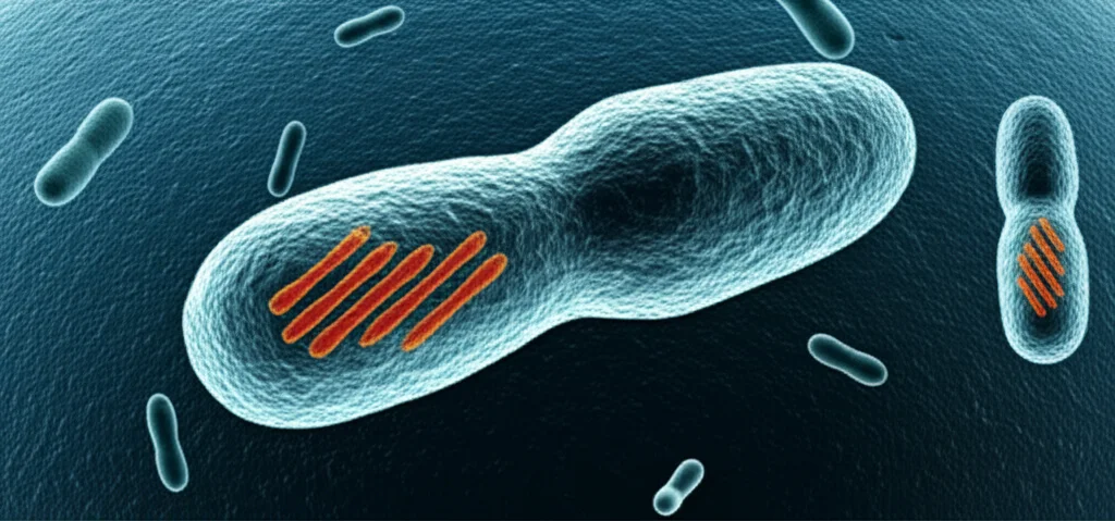 Visualizzazione artistica di batteri Acinetobacter baumannii che evolvono e acquisiscono resistenza agli antibiotici, con elementi genetici come DNA e plasmidi in evidenza. Macro lens, 100mm, alta definizione, illuminazione da laboratorio, sfondo scuro per risaltare i dettagli.