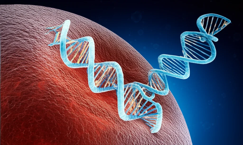 Visualizzazione artistica e fotorealistica di molecole di miRNA che interagiscono con filamenti di DNA all'interno di una cellula tumorale mammaria, con la via di Wnt schematizzata sullo sfondo. Macro lens, 100mm, high detail, precise focusing, illuminazione drammatica per evidenziare le interazioni molecolari.