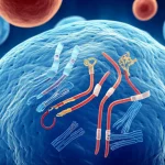 Visualizzazione concettuale astratta del segnale cellulare nel cancro al polmone. Molecole di pSMAD2L stilizzate interagiscono con il DNA all'interno di un nucleo cellulare, con uno sfondo che sfuma tra cellule tumorali e cellule immunitarie. Illuminazione drammatica, profondità di campo, colori duotone blu e arancione.