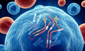 Visualizzazione concettuale astratta del segnale cellulare nel cancro al polmone. Molecole di pSMAD2L stilizzate interagiscono con il DNA all'interno di un nucleo cellulare, con uno sfondo che sfuma tra cellule tumorali e cellule immunitarie. Illuminazione drammatica, profondità di campo, colori duotone blu e arancione.