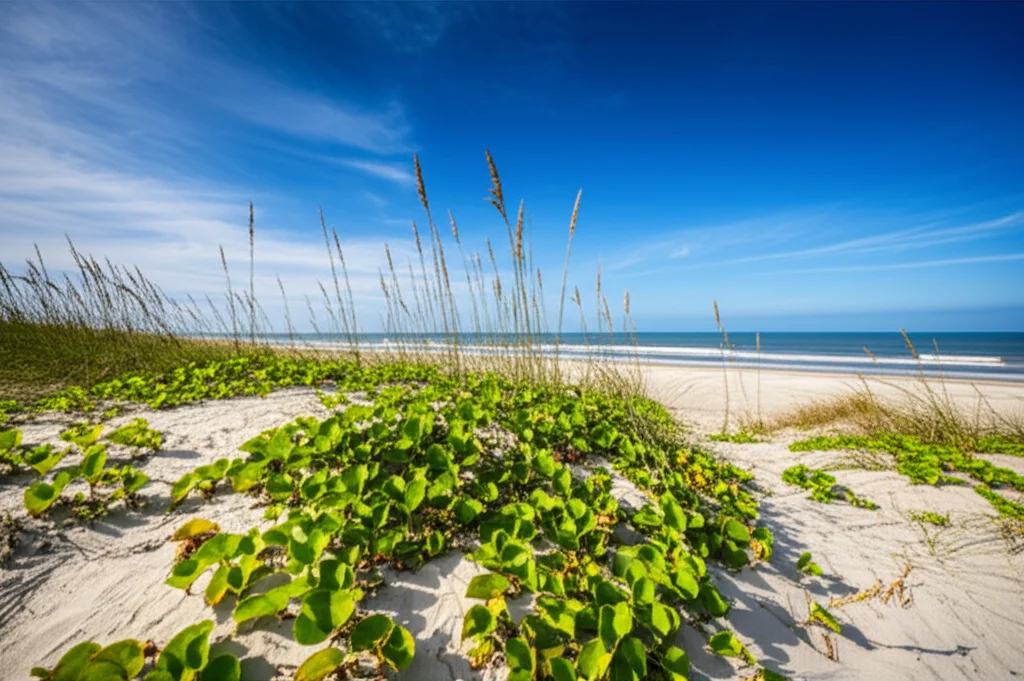 Wide-angle landscape, 15mm lens, una duna costiera restaurata con successo, rigogliosa di piante da spiaggia come l'avena di mare (Uniola paniculata) e la gloria mattutina (Ipomoea spp.). La sabbia mostra sottili riflessi che suggeriscono la presenza di particelle di vetro riciclato mescolate alla sabbia naturale. Il sole splende, il cielo è azzurro con qualche nuvola soffice, l'oceano sullo sfondo. Messa a fuoco nitida sulla vegetazione in primo piano, effetto leggermente mosso sulle onde lontane.