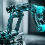 A photorealistic image of a sophisticated 3-RE parallel robot arm in a research lab, with glowing lines representing CGA calculations overlayed on its structure. Prime lens, 35mm, depth of field, duotone cyan and grey, highlighting the geometric precision.