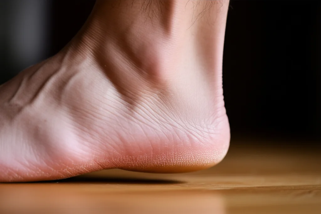 Close-up macro shot, 85mm prime lens, del profilo laterale di un piede umano nudo che mostra un arco plantare sano e ben definito. Il piede è leggermente sollevato dal suolo, come nell'atto di fare un passo o atterrare, suggerendo dinamismo. Illuminazione da studio controllata con luci laterali per enfatizzare la curvatura dell'arco e la texture della pelle. Sfondo neutro e sfocato (bokeh) per mantenere il focus sul piede. High detail, precise focusing.