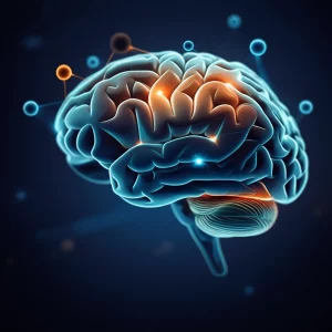 Immagine concettuale di un cervello stilizzato con percorsi neurali luminosi che rappresentano i recettori oppioidi kappa e l'interazione con molecole farmacologiche. Prime lens, 35mm, duotone blu e ambra, depth of field, per simboleggiare la complessità della ricerca farmacologica sul dolore.