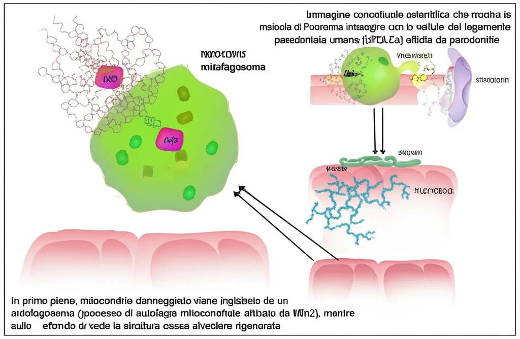 Immagine concettuale scientifica che mostra la molecola di Puerarina interagire con le cellule del legamento parodontale umano (hPDLCs) affette da parodontite. In primo piano, un mitocondrio danneggiato viene inglobato da un autofagosoma (processo di autofagia mitocondriale attivato da Mfn2), mentre sullo sfondo si vede la struttura ossea alveolare rigenerata. Stile fotorealistico con elementi illustrativi scientifici, illuminazione controllata che evidenzia i dettagli molecolari, alta definizione.