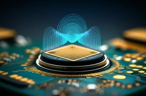 Immagine fotorealistica di un chip MEMS curvo (PMUT) montato su un circuito stampato, con onde sonore stilizzate che emanano dalla sua superficie a formare un pettine di frequenza visibile come picchi luminosi. Dettagli precisi del chip e delle connessioni dorate. Obiettivo macro 80mm, illuminazione da studio con leggero effetto bokeh sullo sfondo.