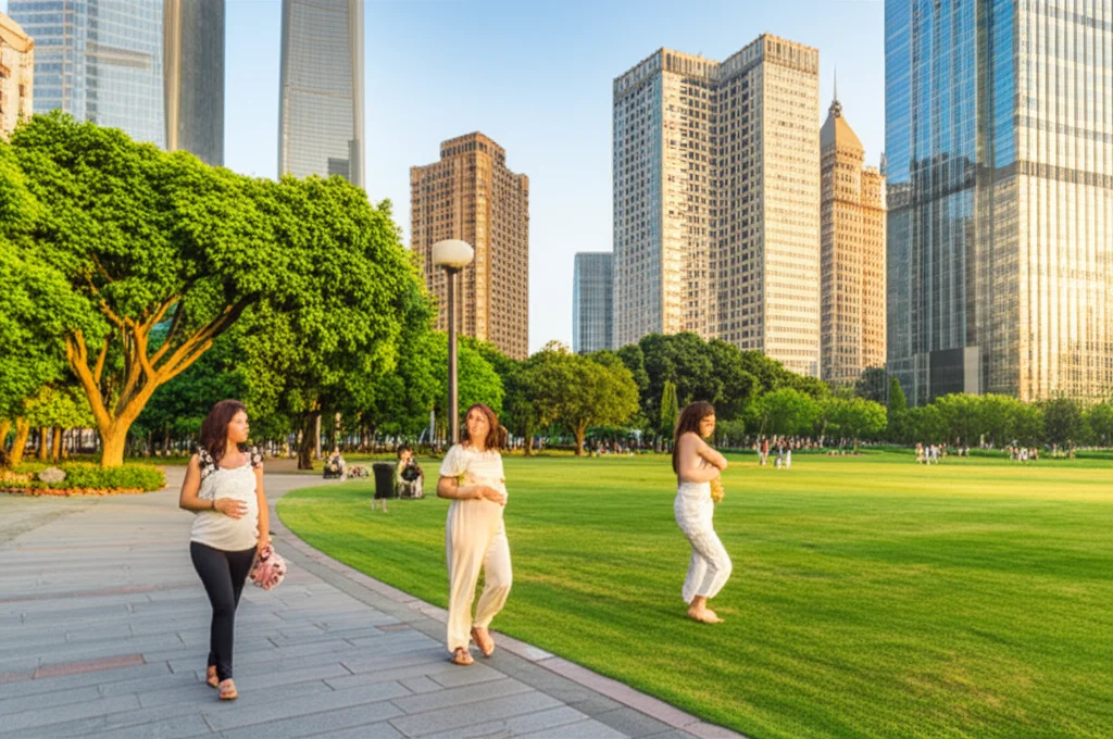 Immagine fotorealistica di un parco urbano rigoglioso in una metropoli come Shanghai, con donne incinte di diversa estrazione sociale che passeggiano e si rilassano. Obiettivo grandangolare da 20mm, luce dorata del tardo pomeriggio, alta definizione per mostrare la texture delle foglie e l'atmosfera serena, contrasto tra natura e grattacieli sullo sfondo per evidenziare l'importanza del verde in contesti urbani densi.