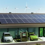 Immagine fotorealistica di un sistema energetico integrato del futuro: pannelli solari su tetti, turbine eoliche in lontananza, un'elegante stazione di ricarica per veicoli elettrici e un discreto impianto di stoccaggio di idrogeno, il tutto in un contesto urbano moderno e verde. Obiettivo 35mm, luce naturale diffusa, profondità di campo.