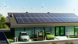 Immagine fotorealistica di un sistema energetico integrato del futuro: pannelli solari su tetti, turbine eoliche in lontananza, un'elegante stazione di ricarica per veicoli elettrici e un discreto impianto di stoccaggio di idrogeno, il tutto in un contesto urbano moderno e verde. Obiettivo 35mm, luce naturale diffusa, profondità di campo.