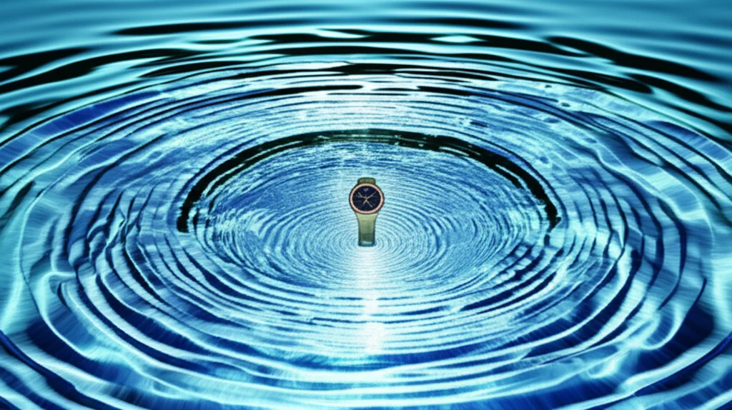 Immagine fotorealistica, obiettivo grandangolare 15mm, che mostra deboli onde elettromagnetiche (ELF) emanate da un piccolo dispositivo simile a un orologio indossato al polso, mentre penetrano attraverso una sezione trasversale di acqua e terra sottostante, simboleggiando la comunicazione cross-medium, messa a fuoco nitida.