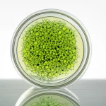 Immagine macro, lente 105mm, di un nanocomposito di ossido di grafene e chitosano in forma di idrogel poroso, con goccioline di siero bovino fetale adese alla sua superficie. Illuminazione da studio controllata per evidenziare la texture tridimensionale del biomateriale e la lucentezza del siero. Elevato dettaglio e messa a fuoco precisa sulla struttura porosa e sulle interazioni tra i componenti.
