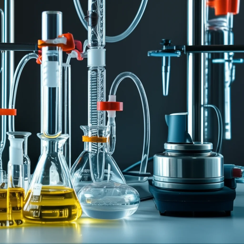 Photorealistic image of a chemistry lab setup with glassware, tubes, and a magnetic stirrer on a hot plate, macro lens, 60mm, high detail, precise focusing, controlled lighting.
