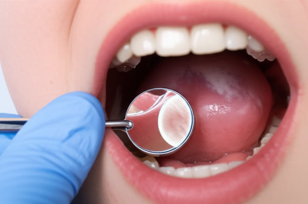 Primo piano della bocca aperta di una persona che mostra segni evidenti di leucoplachia sulla mucosa interna della guancia, esaminata da un professionista sanitario con guanti e uno specchietto dentale, luce clinica brillante, lente macro 100mm, alta definizione per dettaglio diagnostico della lesione bianca.