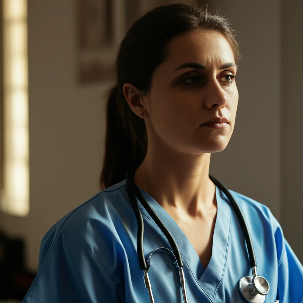 Ritratto di un infermiere/a con espressione pensierosa e stanca, in divisa ma in un ambiente domestico accogliente anche se in penombra. Luce laterale soffusa che illumina metà volto, obiettivo 35mm, profondità di campo media, toni caldi e leggermente desaturati per evocare il peso del doppio ruolo e l'intreccio tra vita professionale e privata.