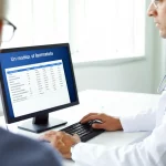 Un medico o farmacista che consulta attentamente un database di interazioni farmacologiche su un computer desktop in un ambiente clinico moderno e luminoso. Di fronte, un paziente anziano è seduto, visibile ma leggermente fuori fuoco per mantenere la privacy. Lente zoom 24-70mm usata a circa 50mm, messa a fuoco nitida sullo schermo del computer e sulle mani del professionista, luce naturale diffusa da una finestra laterale.