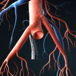Visualizzazione 3D fotorealistica del sistema venoso portale addominale con evidenziato uno pseudoaneurisma vicino alla confluenza spleno-mesenterica e uno stent posizionato al suo interno, sfondo scuro astratto per focalizzare l'attenzione sull'anatomia vascolare, illuminazione drammatica, alta definizione, lente prime 35mm.