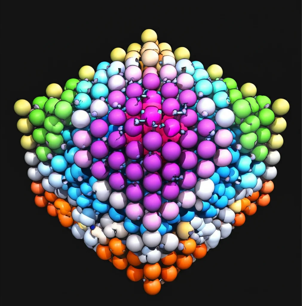 Visualizzazione artistica 3D di una struttura cristallina di un catodo per batterie al sodio con ioni multicationici colorati (sfere di diverse tonalità) che interagiscono armoniosamente per ridurre lo stress reticolare, effetto di profondità di campo per mettere a fuoco gli ioni centrali, obiettivo macro 80mm, illuminazione drammatica e contrastata per evidenziare la stabilità e la complessità della struttura.