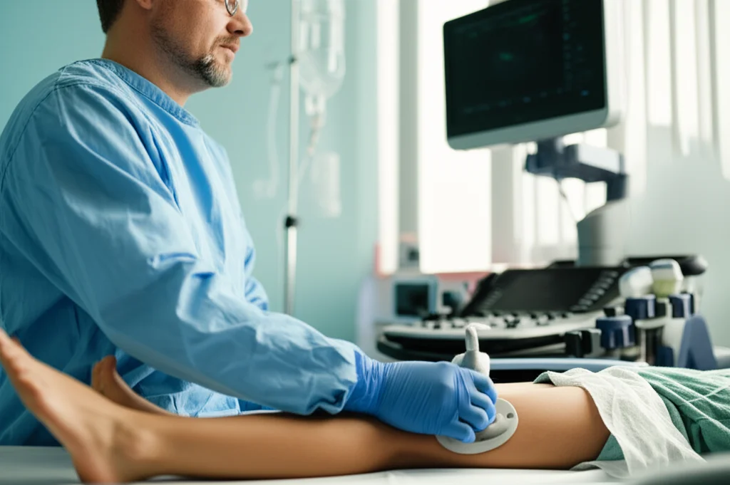 A medical professional using a portable ultrasound machine on a child's leg in a pediatric intensive care unit, 35mm portrait, depth of field, controlled lighting