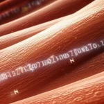 A microscopic view of muscle fibers intertwined with abstract genetic code symbols, macro lens, 60mm, high detail, suggesting the link between genetics and muscle health.