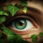 Composizione artistica che mostra foglie di edera (Hedera helix) che circondano un occhio stilizzato e sano, simboleggiando la protezione e la cura. Sullo sfondo, una rappresentazione astratta di nanovescicole. Obiettivo 50mm, profondità di campo media, illuminazione soffusa per un'atmosfera curativa e scientifica.