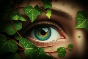 Composizione artistica che mostra foglie di edera (Hedera helix) che circondano un occhio stilizzato e sano, simboleggiando la protezione e la cura. Sullo sfondo, una rappresentazione astratta di nanovescicole. Obiettivo 50mm, profondità di campo media, illuminazione soffusa per un'atmosfera curativa e scientifica.