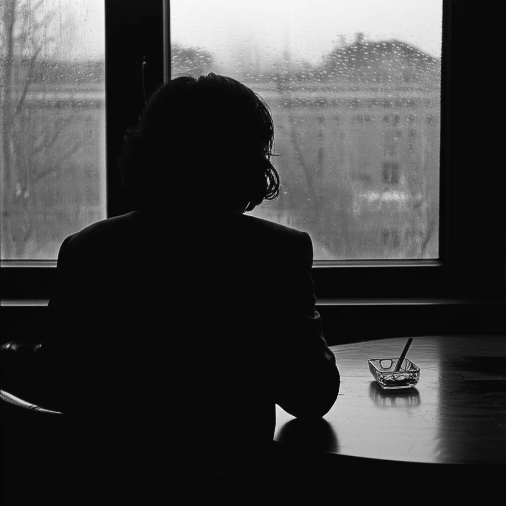 Fotografia in bianco e nero di una persona seduta a un tavolo, vista di spalle, che guarda fuori da una finestra piovosa. Una sigaretta spenta è posata su un posacenere vicino. Stile film noir, obiettivo 35mm, profondità di campo che mette a fuoco la figura e lascia sfocato lo sfondo esterno.