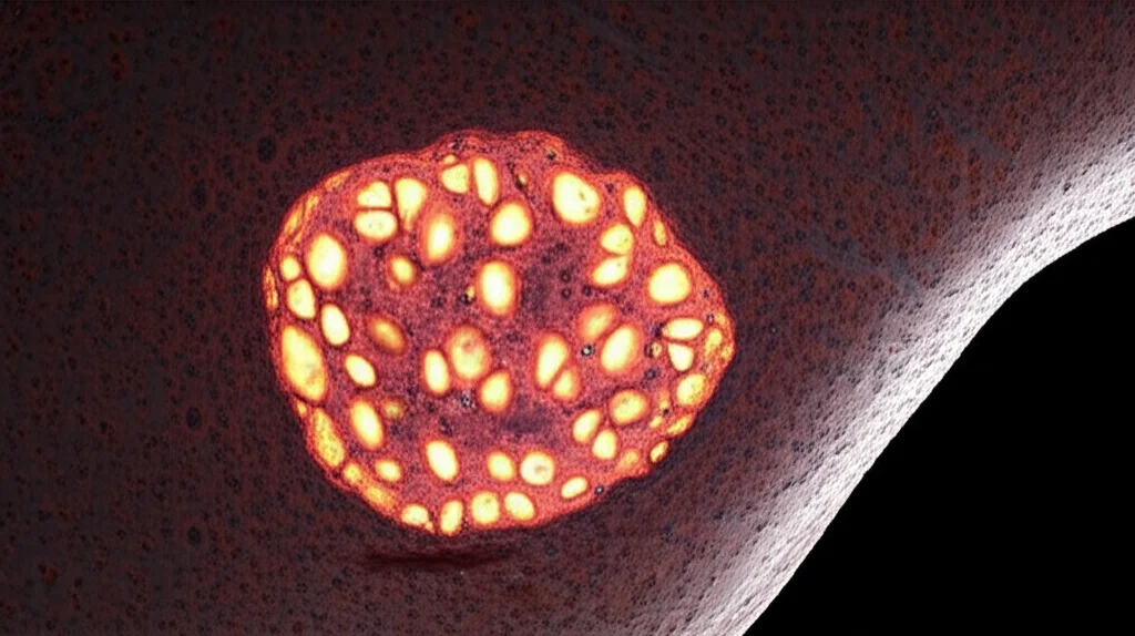 Immagine fotorealistica concettuale di un fegato umano parzialmente sezionato, con un'area illuminata che mostra epatociti sani e un'altra area più scura con epatociti affetti da steatosi. Un fascio di luce simboleggia l'azione protettiva della proteina AKAP1. Macro lens, 80mm, high detail, controlled lighting, con un leggero effetto 'depth of field' per focalizzare l'attenzione sulla zona di transizione.