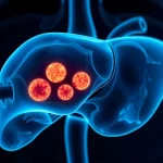 Immagine medica concettuale che illustra la brachiterapia ad alto dosaggio (HDR) guidata da CT per il trattamento di metastasi epatiche. Si vede un fegato con lesioni metastatiche e un applicatore di brachiterapia inserito con precisione. L'immagine trasmette innovazione tecnologica e precisione medica, usando una lente prime da 35mm con profondità di campo per mettere a fuoco l'area di trattamento, con toni blu e grigi per un aspetto clinico ma speranzoso.