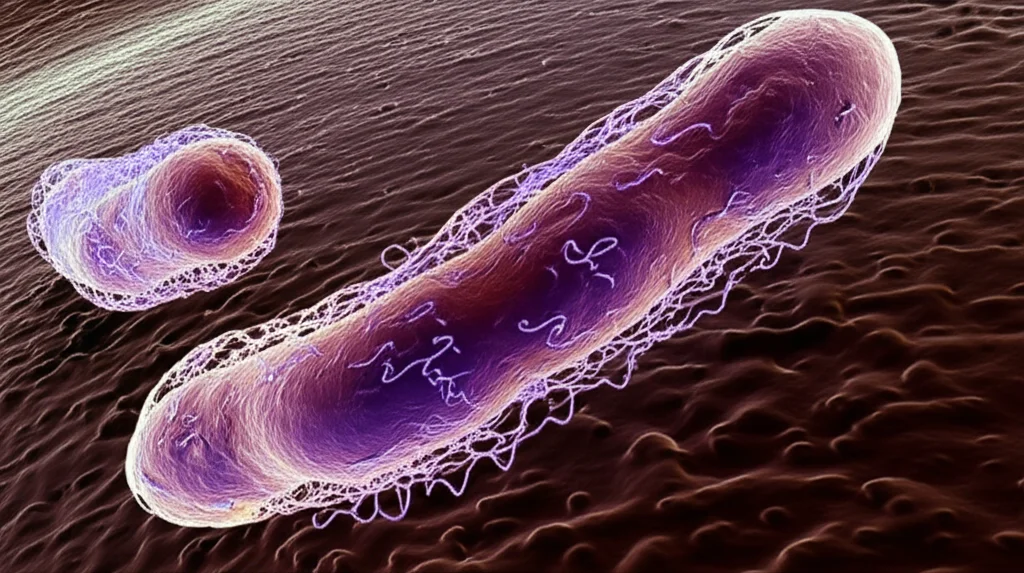 Micrografia elettronica ad altissima risoluzione del batterio Streptococcus pneumoniae, con dettagli vividi della sua struttura esterna e della capsula polisaccaridica, illuminazione scientifica da laboratorio, lente macro 105mm, alta definizione, sfondo scuro per enfatizzare il soggetto.