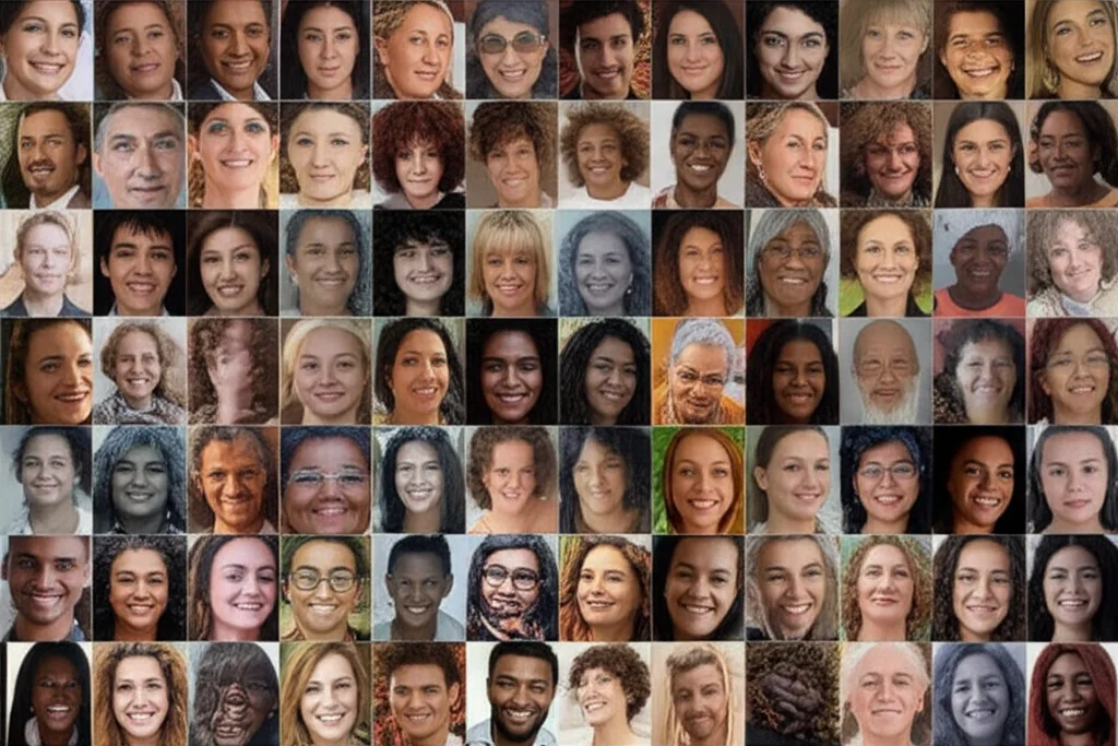 Mosaico di volti sorridenti e pensierosi di persone di diverse etnie ed età da tutto il mondo, rappresentazione della salute percepita globale, stile ritratto multiplo, obiettivo 50mm, colori naturali, profondità di campo.