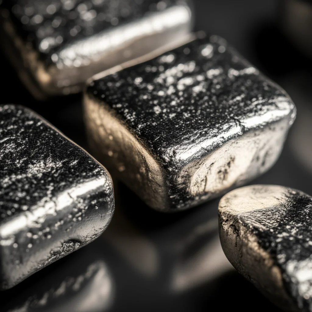 Photorealistic image of shiny rare earth metal ingots produced via a safe, HF-free wet chemistry process, macro lens, 100mm, high detail, controlled lighting, symbolizing cleaner technology.