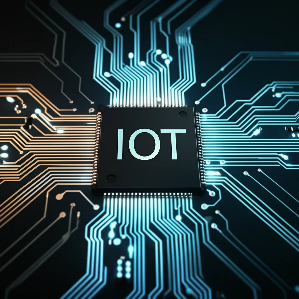 Primo piano di un microchip IoT con connessioni luminose che si diramano, simboleggiando la catena di approvvigionamento. Obiettivo macro 105mm, alta definizione, illuminazione controllata per evidenziare i dettagli del chip e le connessioni.