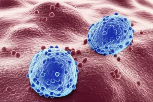 Primo piano fotorealistico di vescicole della membrana esterna (OMV) del batterio Porphyromonas gingivalis che interagiscono con cellule di carcinoma orale a cellule squamose (OSCC), lente macro 100mm, alta definizione, illuminazione da laboratorio che crea ombre morbide per evidenziare la tridimensionalità delle vescicole e la superficie cellulare.