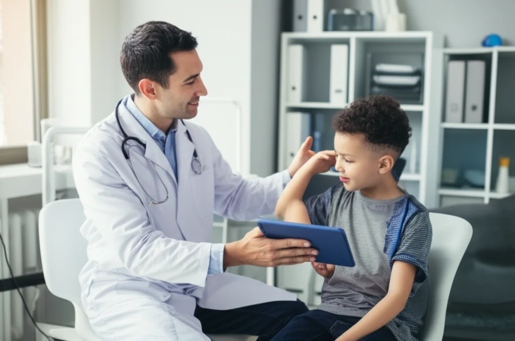 Un medico pediatra reumatologo mostra a un bambino e al suo genitore come utilizzare un'applicazione sanitaria digitale su un tablet in uno studio medico luminoso e accogliente. Fotografia ritratto, obiettivo 35mm, colori caldi, profondità di campo per sfocare leggermente lo sfondo.
