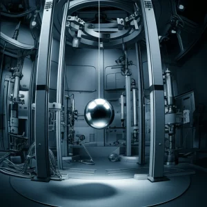 Un pendolo di Foucault stilizzato e moderno, sospeso in un ambiente da laboratorio high-tech con luci soffuse blu e grigie, che oscilla lentamente. Prime lens, 35mm, duotone blu e grigio, profondità di campo accentuata per mettere a fuoco il peso del pendolo.