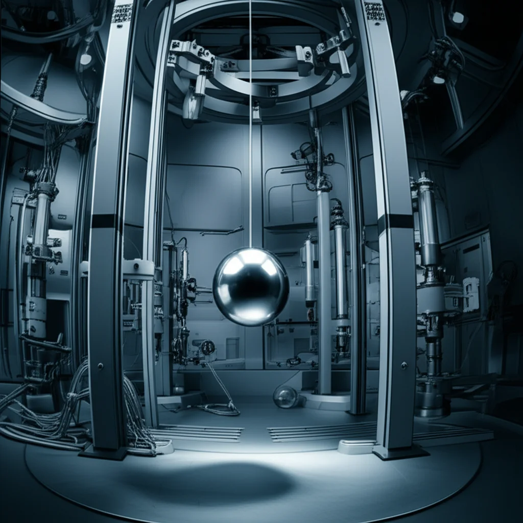 Un pendolo di Foucault stilizzato e moderno, sospeso in un ambiente da laboratorio high-tech con luci soffuse blu e grigie, che oscilla lentamente. Prime lens, 35mm, duotone blu e grigio, profondità di campo accentuata per mettere a fuoco il peso del pendolo.