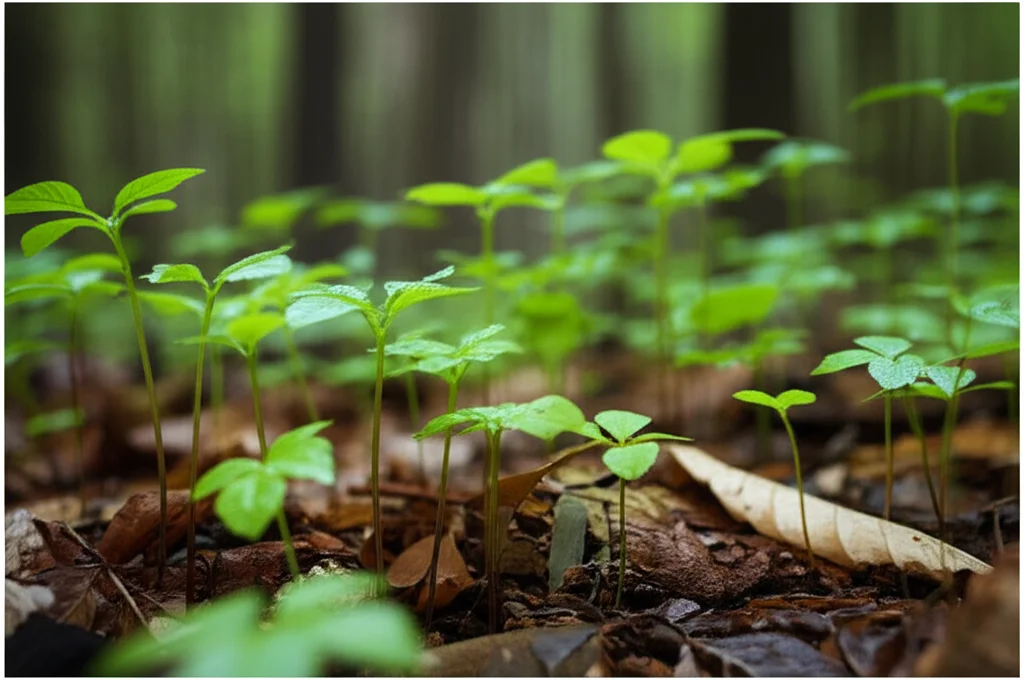Un primo piano dettagliato, scattato con un obiettivo macro da 100mm, di diverse specie di piantine che spuntano dal terreno fertile di una foresta in fase di recupero. L'illuminazione è controllata per evidenziare la freschezza del fogliame e la ricchezza del suolo, simboleggiando le prime fasi del ripristino ecologico e la dinamica dei nutrienti.