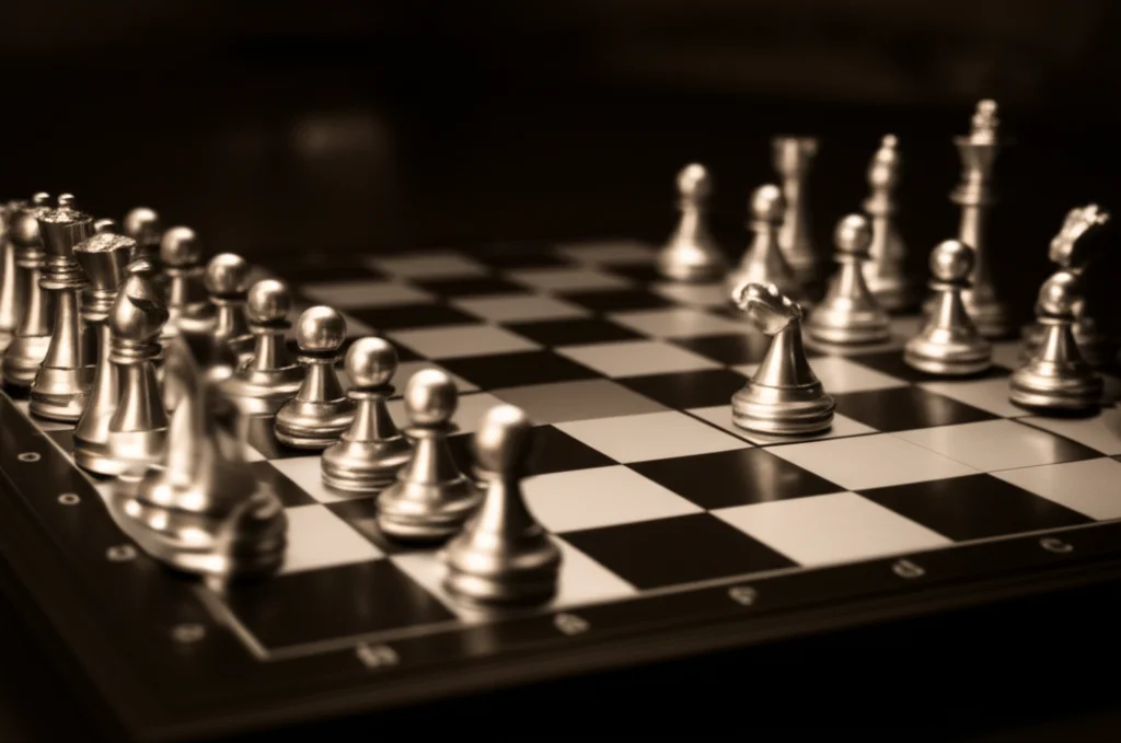 Un primo piano di una scacchiera con pezzi dorati che rappresentano gli hedge fund che muovono strategicamente contro pezzi d'argento che simboleggiano le aziende target. Profondità di campo, obiettivo prime 35mm, illuminazione drammatica con toni seppia e neri per un effetto film noir, mettendo in risalto la tensione strategica.