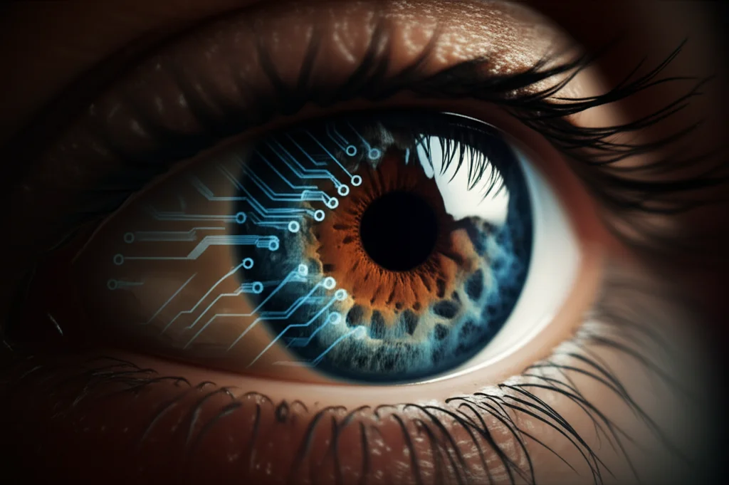 Un'immagine concettuale che mostra un occhio umano stilizzato con circuiti neurali digitali sovrapposti alla pupilla, a simboleggiare l'intelligenza artificiale che potenzia la vista. L'immagine è realizzata con un obiettivo macro da 90mm, con elevato dettaglio sui circuiti e un'illuminazione controllata che crea un effetto drammatico e futuristico. Lo sfondo è scuro e sfocato per enfatizzare l'occhio.