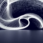 Visualizzazione artistica ma realistica di equazioni matematiche complesse che si fondono con un flusso fluido tridimensionale turbolento vicino a un confine geometrico piatto, prime lens 35mm, duotone blu scuro e bianco, profondità di campo che sfoca le equazioni sullo sfondo mettendo a fuoco il flusso al bordo.