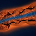 Visualizzazione astratta e fotorealistica di un reticolo periodico di kink Sine-Gordon. Immagina onde o 'scalini' energetici che si ripetono nello spazio, rappresentando la soluzione multi-kink del campo phi. Utilizzo di un obiettivo macro 80mm per enfatizzare i dettagli della struttura ondulata, con illuminazione controllata che crea ombre morbide. Leggera duotonalità blu e arancione per dare un tocco scientifico ma affascinante.