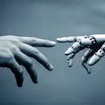 A human hand reaching towards a robotic hand, symbolizing the interaction between humans and artificial intelligence, 35mm portrait, depth of field, blue and grey duotones