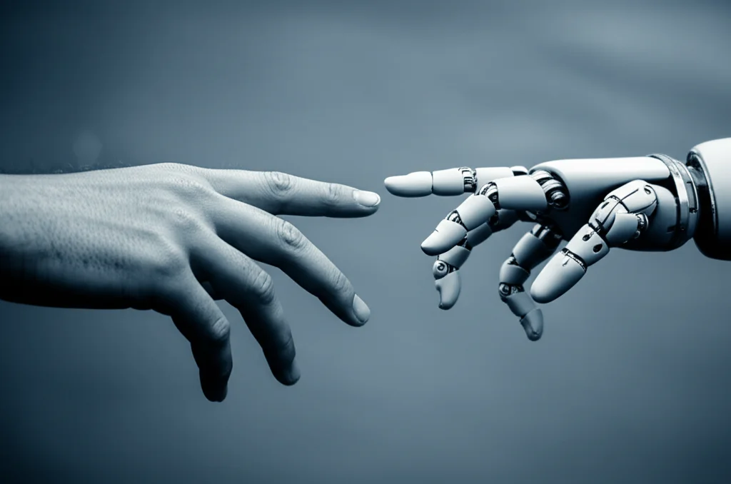 A human hand reaching towards a robotic hand, symbolizing the interaction between humans and artificial intelligence, 35mm portrait, depth of field, blue and grey duotones