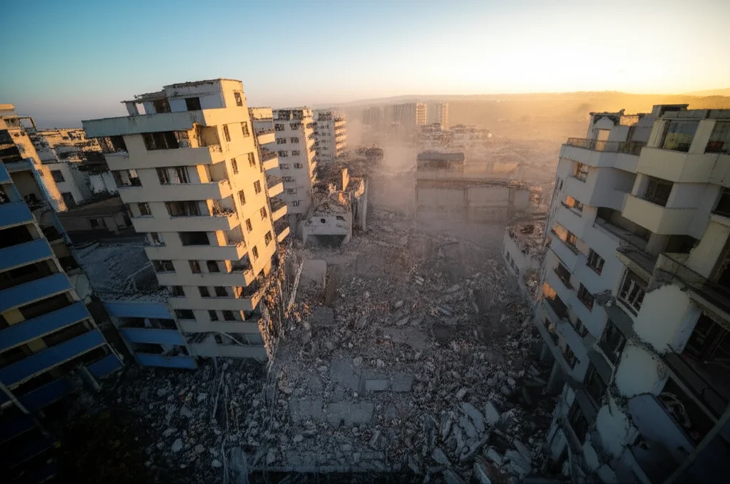 Immagine aerea di una città devastata da un terremoto, con edifici crollati e nuvole di polvere che si alzano dalle macerie. Wide-angle lens 10-24mm per catturare l'ampiezza della distruzione, long exposure times per un leggero effetto mosso della polvere, luce del tardo pomeriggio che crea lunghe ombre e accentua la desolazione.
