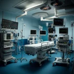 Intensive care unit scene with medical monitors displaying data, wide-angle 24mm, controlled lighting, sharp focus.
