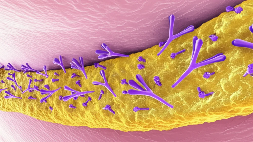 Macro, 100mm lens, high detail, precise focusing, controlled lighting: Immagine concettuale di un'arteria umana parzialmente ostruita da placca aterosclerotica, con molecole di resveratrolo che agiscono per ridurre la placca e aumentare i recettori LDLR visibili sulla parete interna dell'arteria.