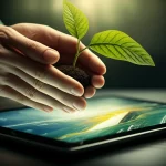 Mano che tiene un germoglio verde che cresce da uno schermo di tablet con grafici climatici futuri. Macro lens 60mm, high detail, speranza.